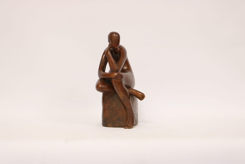 Ana Duncan, Figure on Stool £2,600 Medium: Bronze Bronze and Ceramic Sculpture Artist from Dublin. The female figure is the subject of focus inspired by organic forms.