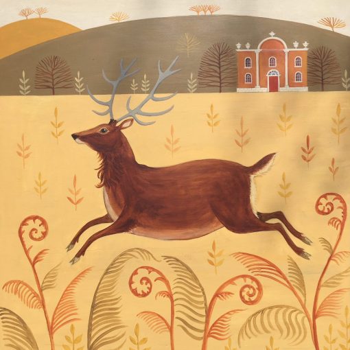 Catriona Hall, Serene Stag £700 Medium: Oil on Board Size: 70 x 70 cms Sold Peak District Landscapes with Animals, Pets and houses. Stylised and left facing or imaginary animals. quirky simplicity and earthy palette. Painted in oil.