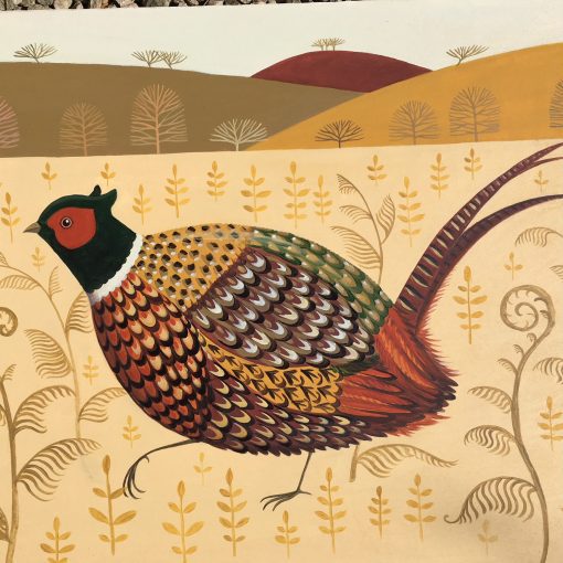 Catriona Hill, Foraging Pheasant £700 Medium: Oil on Board Sold Peak District Landscapes with Animals, Pets and houses. Stylised and left facing or imaginary animals. quirky simplicity and earthy palette. Painted in oil.