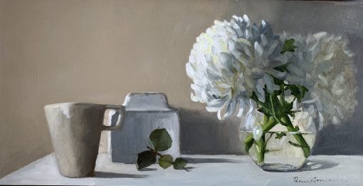 Penny German, Murns & Eucalyptus £650 Medium: Oil on Gessoboard Size: 8 x 16 inches Sold Nadia Waterfield Fine Art. Inspired by the countryside and changing seasons. painting flowers and vintage china and kitchenalia. She works in oils from her countryside house.