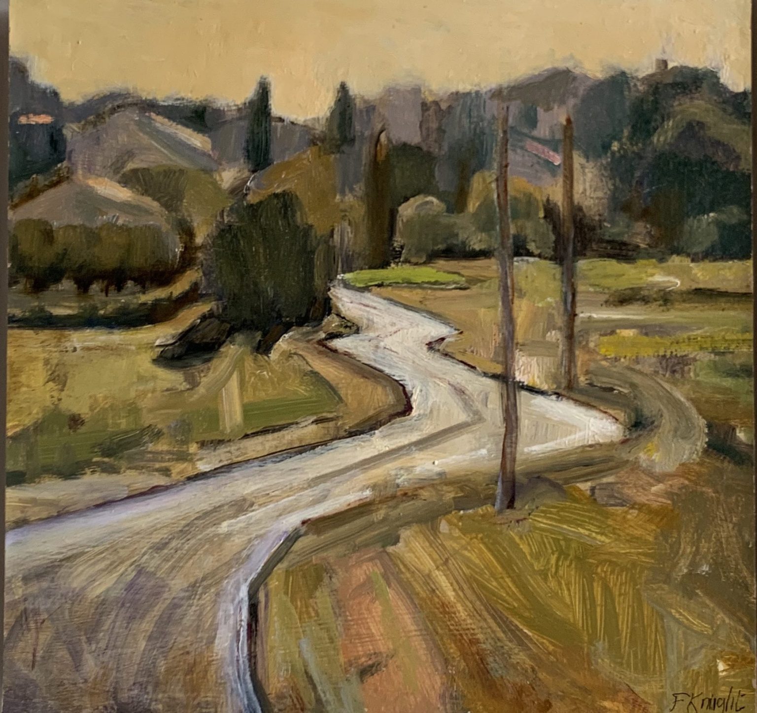 Frances Knight,Afternoon Light Road to Caromb £550 Medium: Oil on Panel Size: 30 x 30cm Nadia Waterfield Fine Art.Contemporary Landscape Artist. Sussex and Hampshire abstract in oil. Painting.