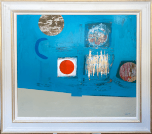Simon Laurie RSW RGI, Electric Blue £4,800 Medium: Oil on Board Size: 82 x 92cm  Contemporary Scottish landscape and still life artist.references to Scottish life and society, incorporating fish, boats, religious symbols and everyday items. Abstract and Colourful geometric work.