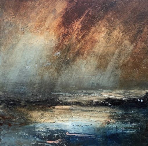 Abstract Landscape Artist painting Englands countryside. Coastal regions, picturesque rural villages and beautiful marshes. Working with oil on canvas. Rachel Arif, Eastwind £2,500 Medium: Oil on Canvas Size: 65 x 65 cm