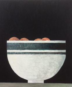 Philip Lyons, Big Bowl with Peaches £1,450 Medium: Oil on Board Size: 71 x 61cm Nadia Waterfield Fine Art. Painter of Still life Bowls. Grid structured artwork creating framework for compositions. The surface of the paintings suggest weathering or wear and tear. Acrylic on board.