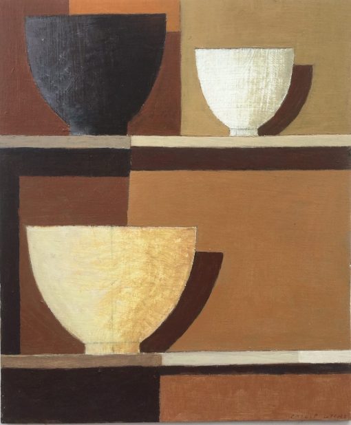 Philip Lyons, A Still Moment £560 Medium: Oil on Board Size: 25 x 35cm Painter of Still life Bowls. Grid structured artwork creating framework for compositions. The surface of the paintings suggest weathering or wear and tear. Acrylic on board.