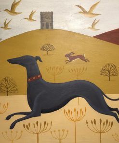 Catriona Hall, Hare & Hound Medium: Acrylic on Wood Size: 24 x 24 inches Peak District Landscapes with Animals, Pets and houses. Stylised and left facing or imaginary animals. quirky simplicity and earthy palette. Painted in oil.