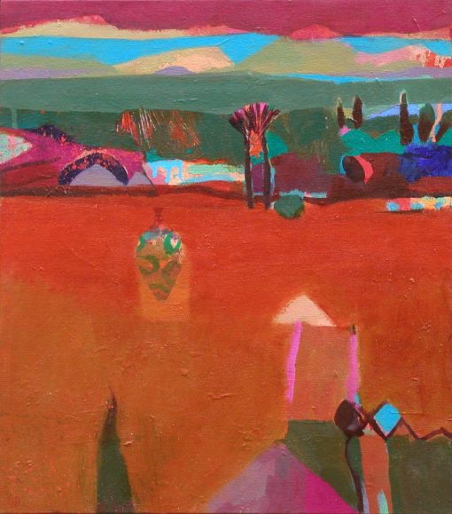 Gerry Dudgeon, Fatehpur Fan Palms £685 Medium: Acrylic on Canvas Size: 43 x 38cm Nadia Waterfield Fine Art. Oil turned Acrylic Painting working vibrant and bold colours. Gerry draws inspiration from the paintings of Barbara Rae, Joan Eardley, Ivon Hitchens and Peter Lanyon. Abstract Land and cityscapes.