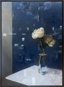 Classical Still life Portraiture and articulating them through a digitally influenced and fragmented style of painting. Oil Painter. Jon Doran, Two Peonies & Dark Blue, £1,900, Medium: Oil on Panel, Size: 82 x 61cm Framed: 65cm x 86cm 