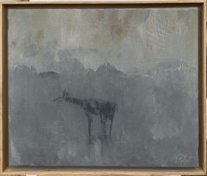 Madrid Based Painter. Subject matter of animals and humans in monochrome tones of greys and whites. Calm. Lucie Geffre, Under the cloud £950 Medium: Acrylic and charcoal on canvas Size: 33 x 41cm