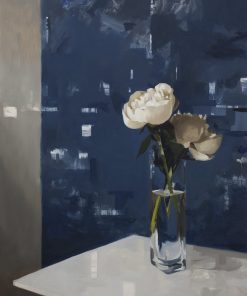 Classical Still life Portraiture and articulating them through a digitally influenced and fragmented style of painting. Oil Painter. Jon Doran, Two Peonies & Dark Blue, £1,900, Medium: Oil on Panel, Size: 82 x 61cm Framed: 65cm x 86cm