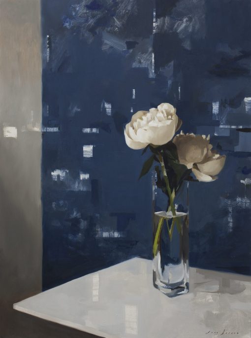Classical Still life Portraiture and articulating them through a digitally influenced and fragmented style of painting. Oil Painter. Jon Doran, Two Peonies & Dark Blue, £1,900, Medium: Oil on Panel, Size: 82 x 61cm Framed: 65cm x 86cm