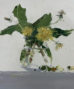 Mike Service, Dandelion in Glass Jar £850 Medium: Oil on Board Size: 60 x 50cm Nadia Waterfield Fine Art. Oil painter from Bath. Landscapes, clouds, the sea and boats, muddy fields, tumbledown buildings and still life, usually flowers in pots.