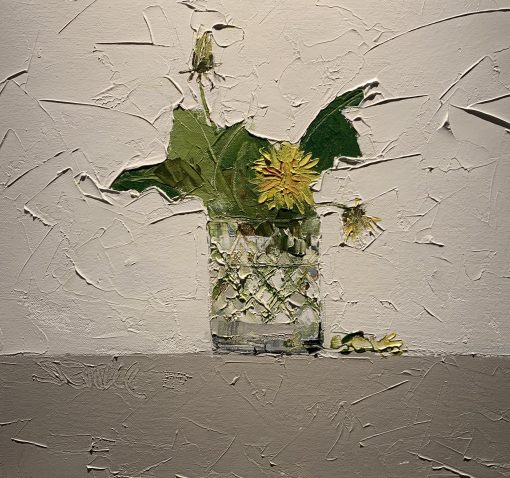 Mike Service, Dandelion II £850 Medium: Oil on Board Size: 54 x 54cm Nadia Waterfield Fine Art. Oil painter from Bath. Landscapes, clouds, the sea and boats, muddy fields, tumbledown buildings and still life, usually flowers in pots.
