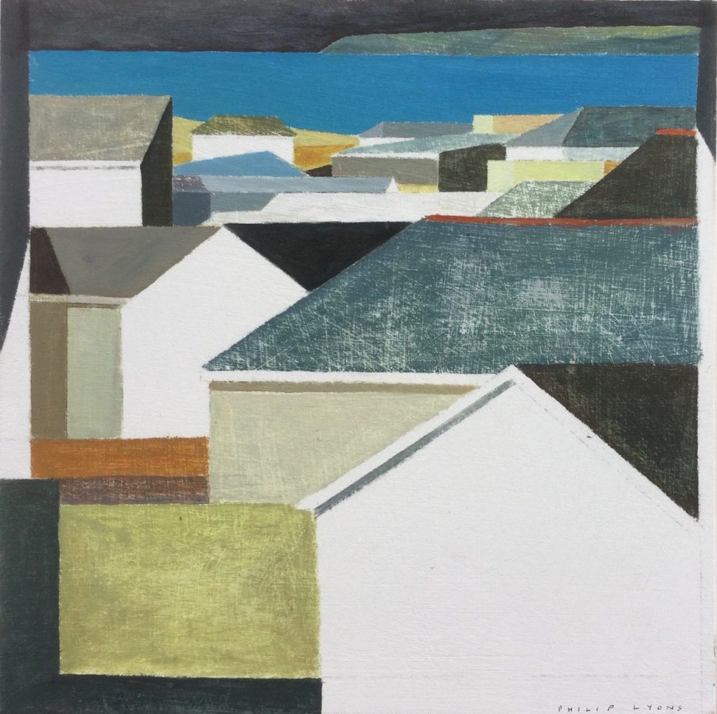 Philip Lyons, Rooftops £520 Medium: Oil on Board Size: 30 x 30cm Sold Nadia Waterfield Fine Art. Painter of Still life Bowls. Grid structured artwork creating framework for compositions. The surface of the paintings suggest weathering or wear and tear. Acrylic on board.