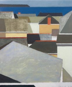 Philip Lyons, Coastal Town Rooftops £920 Medium: Oil on Board Size: 60 x 63cm Painter of Still life Bowls. Grid structured artwork creating framework for compositions. The surface of the paintings suggest weathering or wear and tear. Acrylic on board.