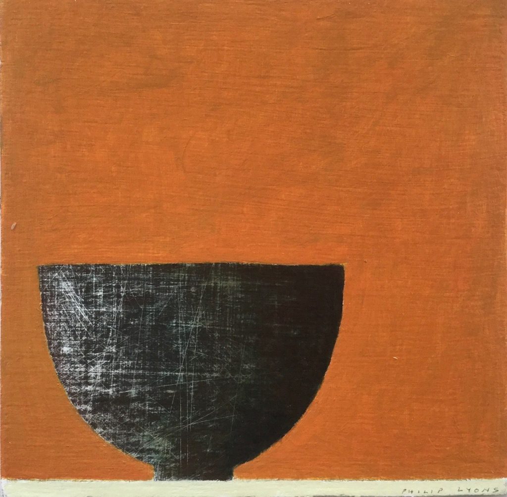 Philip Lyons, Stillness Nadia Waterfield Fine Art. Painter of Still life Bowls. Grid structured artwork creating framework for compositions. The surface of the paintings suggest weathering or wear and tear. Acrylic on board.
