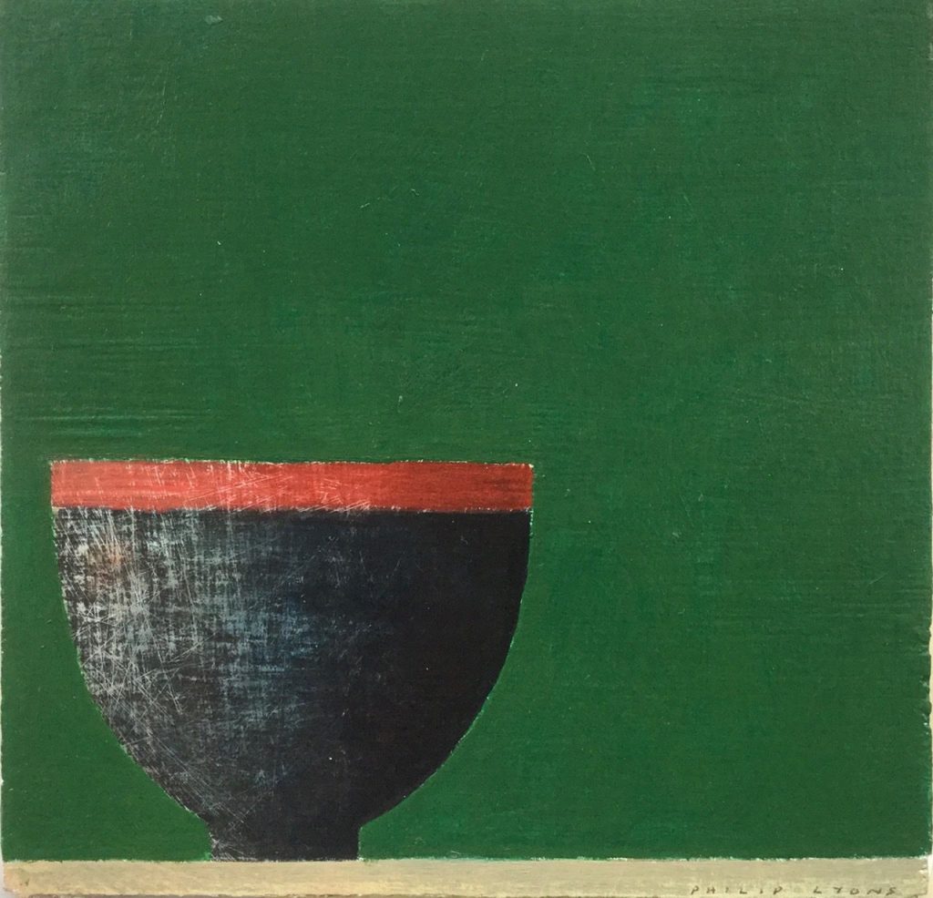 Philip Lyons, Black Bowl £400 Medium: Oil on Board Size: 20 x 20cm Sold Painter of Still life Bowls. Grid structured artwork creating framework for compositions. The surface of the paintings suggest weathering or wear and tear. Acrylic on board.