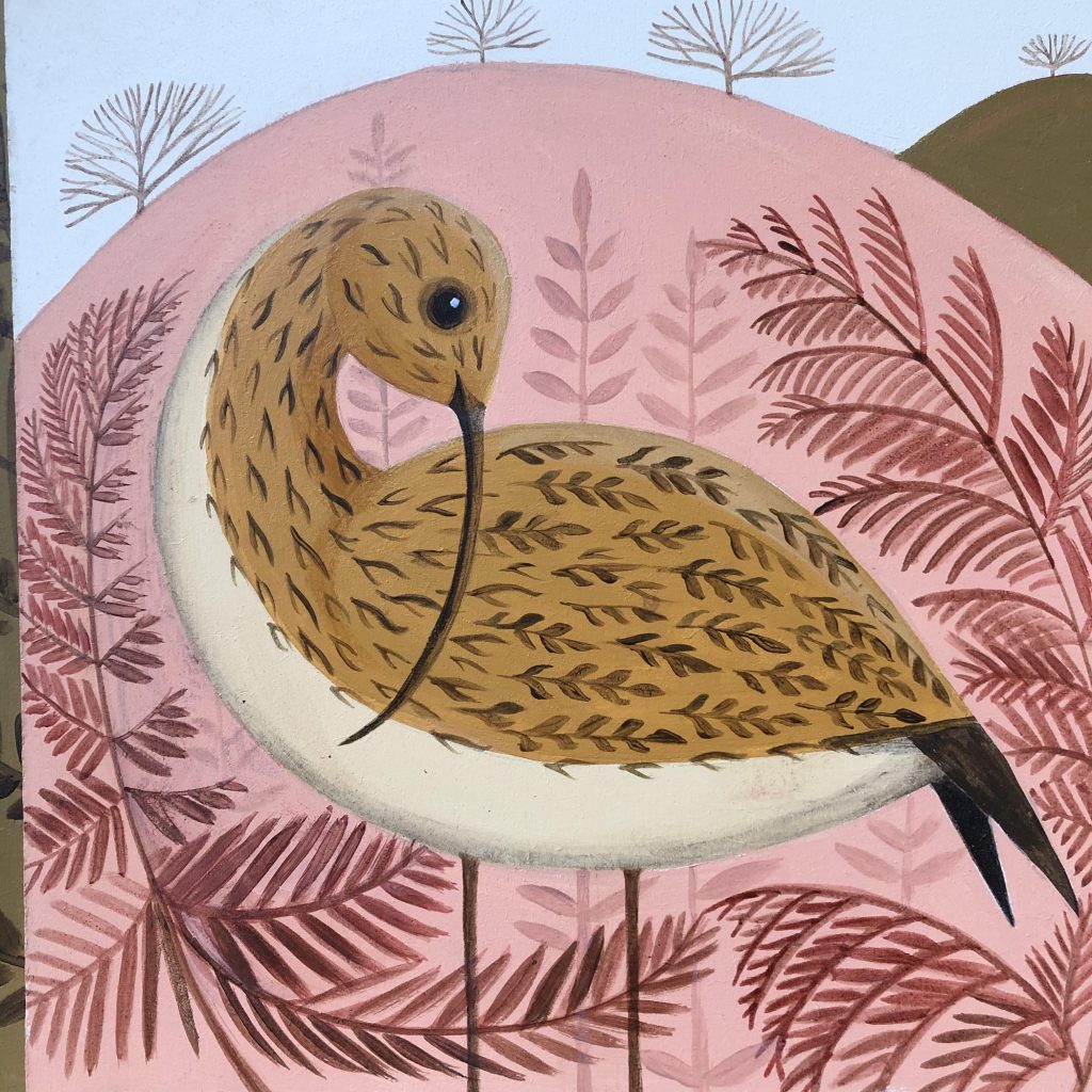 Catriona Hall, Pink Curlew £450 Medium: Acrylic on Board Size: 33 x 33cm Sold Peak District Landscapes with Animals, Pets and houses. Stylised and left facing or imaginary animals. quirky simplicity and earthy palette. Painted in oil.