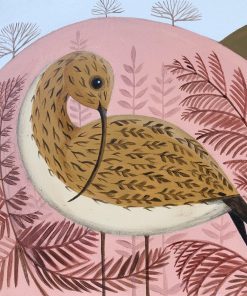 Catriona Hall, Pink Curlew £450 Medium: Acrylic on Board Size: 33 x 33cm Sold Peak District Landscapes with Animals, Pets and houses. Stylised and left facing or imaginary animals. quirky simplicity and earthy palette. Painted in oil.