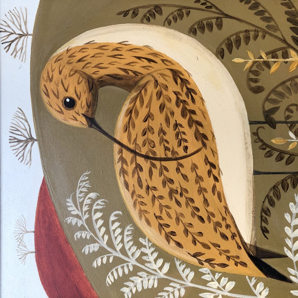 Catriona Hall, Curvy Curlew £450 Medium: Acrylic on Board Size: 33 x 33cm Peak District Landscapes with Animals, Pets and houses. Stylised and left facing or imaginary animals. quirky simplicity and earthy palette. Painted in oil.