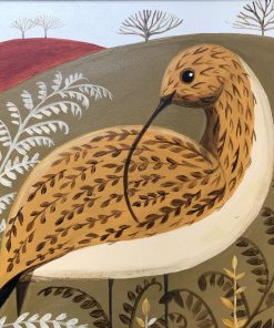 Catriona Hall, Curvy Curlew £450 Medium: Acrylic on Board Size: 33 x 33cm Peak District Landscapes with Animals, Pets and houses. Stylised and left facing or imaginary animals. quirky simplicity and earthy palette. Painted in oil.