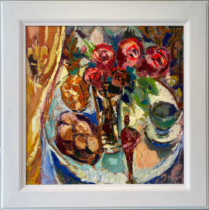  Scottish Artist capturing her roots through painting. Still life depictions of everyday life in vibrant colours. Leonie Gibbs, Anniversary Roses £1,300 Medium: Oil on Board Size: 61 x 61cm