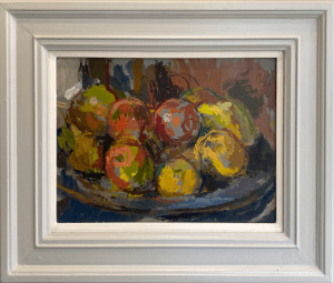 portraits, landscapes and still life paintings. Soft Shaping through colour on harsh backgrounds. Abstracted Artwork in Oil on Board. Daniel Shadbolt, Still Life with Fruit, £800, Medium: Oil on Board, Size: 40 x 50 cm