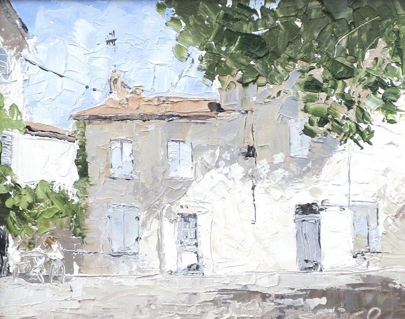 Mike Service, Courtyard, Arles £750 Medium: Oil on Board Size: 40 x 50 cm Nadia Waterfield Fine Art. Oil painter from Bath. Landscapes, clouds, the sea and boats, muddy fields, tumbledown buildings and still life, usually flowers in pots.