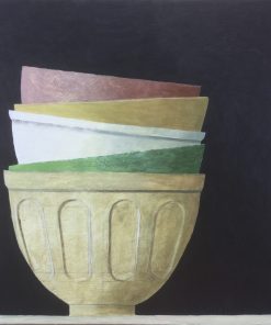 Philip Lyons, A Stack of Bowls £800 Medium: Oil on Board Size: 25 x 35cm Sold Painter of Still life Bowls. Grid structured artwork creating framework for compositions. The surface of the paintings suggest weathering or wear and tear. Acrylic on board.