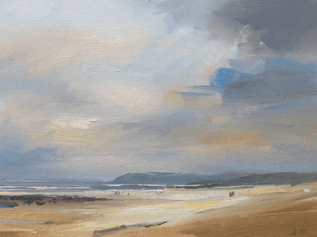 Landscape and Seascape Painter of Cornwall and Devon Beaches. Working in Oil on Board. David Atkins, Autumn, Constantine Bay £2,750 Medium: Oil on Board Size: 46 x 61cm