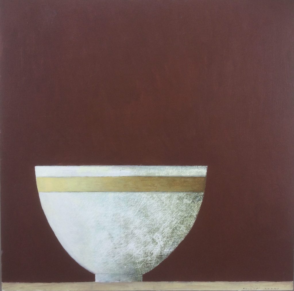 Philip Lyons, White Bowl with Gold Stripe £800 Medium: Oil on Board Size: 49 x 49cm Painter of Still life Bowls. Grid structured artwork creating framework for compositions. The surface of the paintings suggest weathering or wear and tear. Acrylic on board.