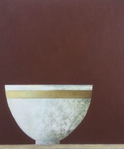 Philip Lyons, White Bowl with Gold Stripe £800 Medium: Oil on Board Size: 49 x 49cm Painter of Still life Bowls. Grid structured artwork creating framework for compositions. The surface of the paintings suggest weathering or wear and tear. Acrylic on board.