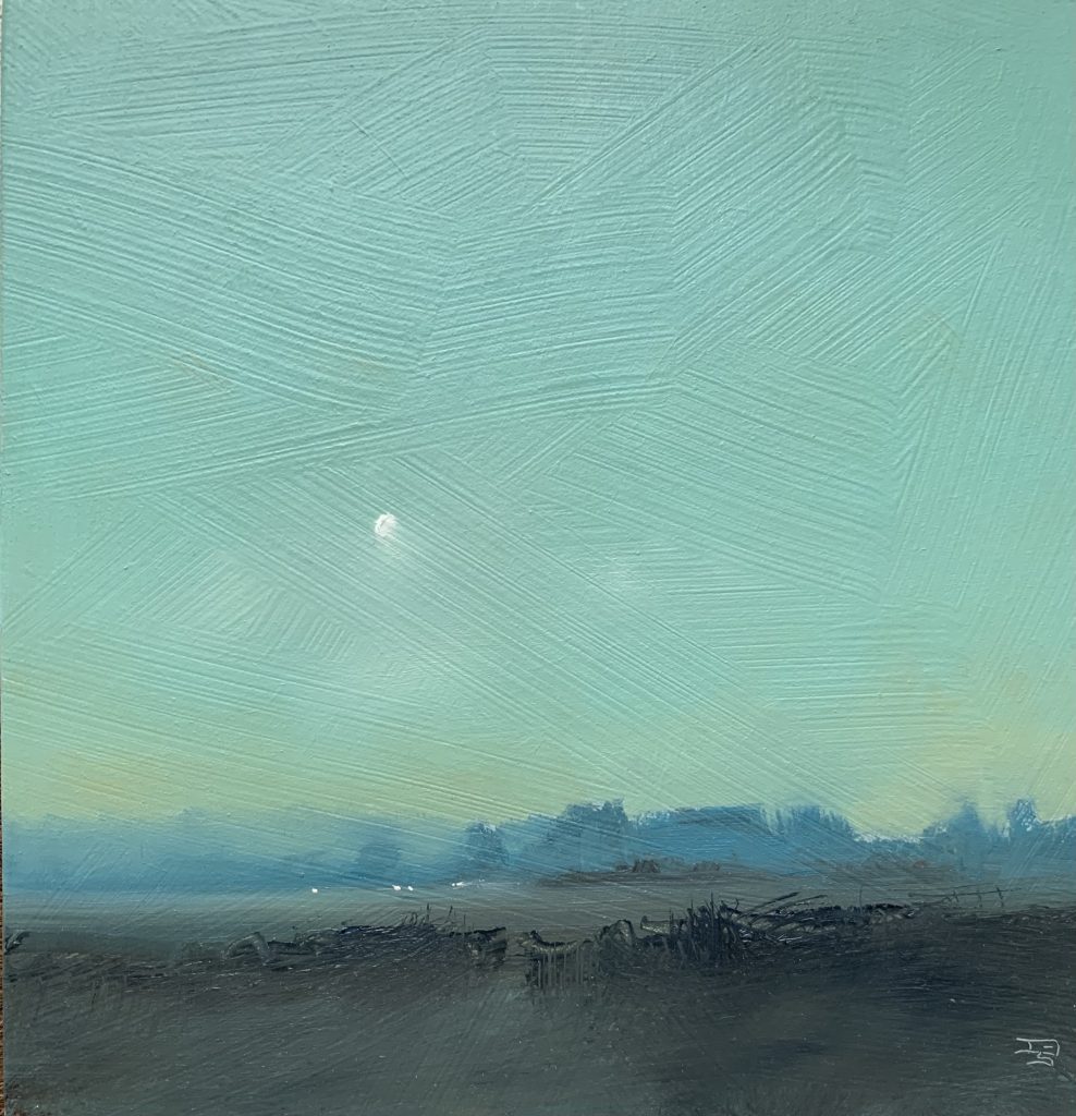 David Smith, Rising Moon £350 Medium: Oil on Board Size: 33 x 33cm Oil Landscape Painting, painting the atmosphere of the English Countryside. Working in oil. He exhibits as the royal societies of artists in the UK.