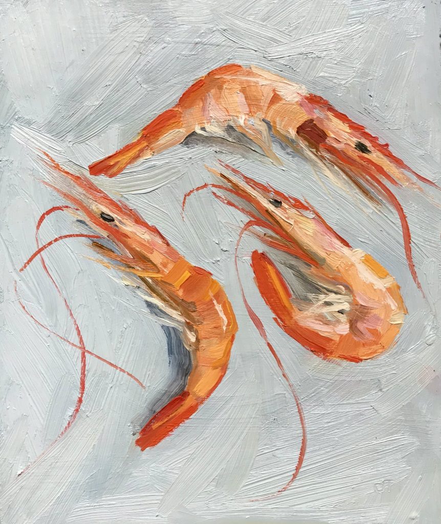 Ollie Tuck, Blue Prawns, £675, Medium: Oil on Board, Size: 30 x 35cm, Framed Size: 35cm x 39cm Still Life Painter of Cornish Crustaceans. Balancing Colour and Light of Everyday Object with a Rich Patterned and Textured Background.