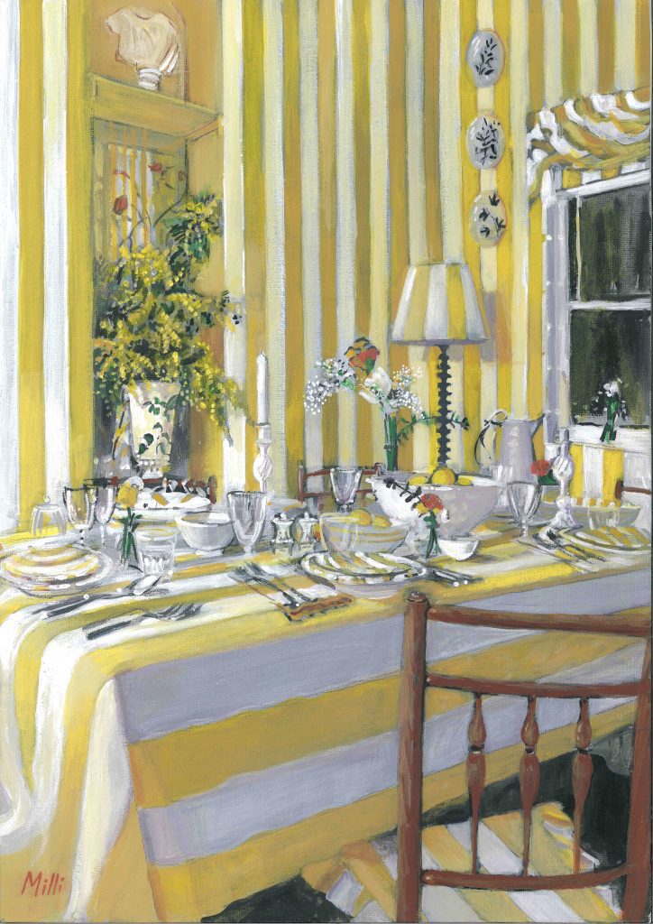 Louise Millin Inchley, Sunshine Stripes £900 Size: 50 x 60 cm Still Life and Contemporary Artist who works in oil. she is inspired by scenes of travelling, cities and the French Rivera. Depicting Street Scenes and Interior through painting. Nadia Waterfield Fine Art.