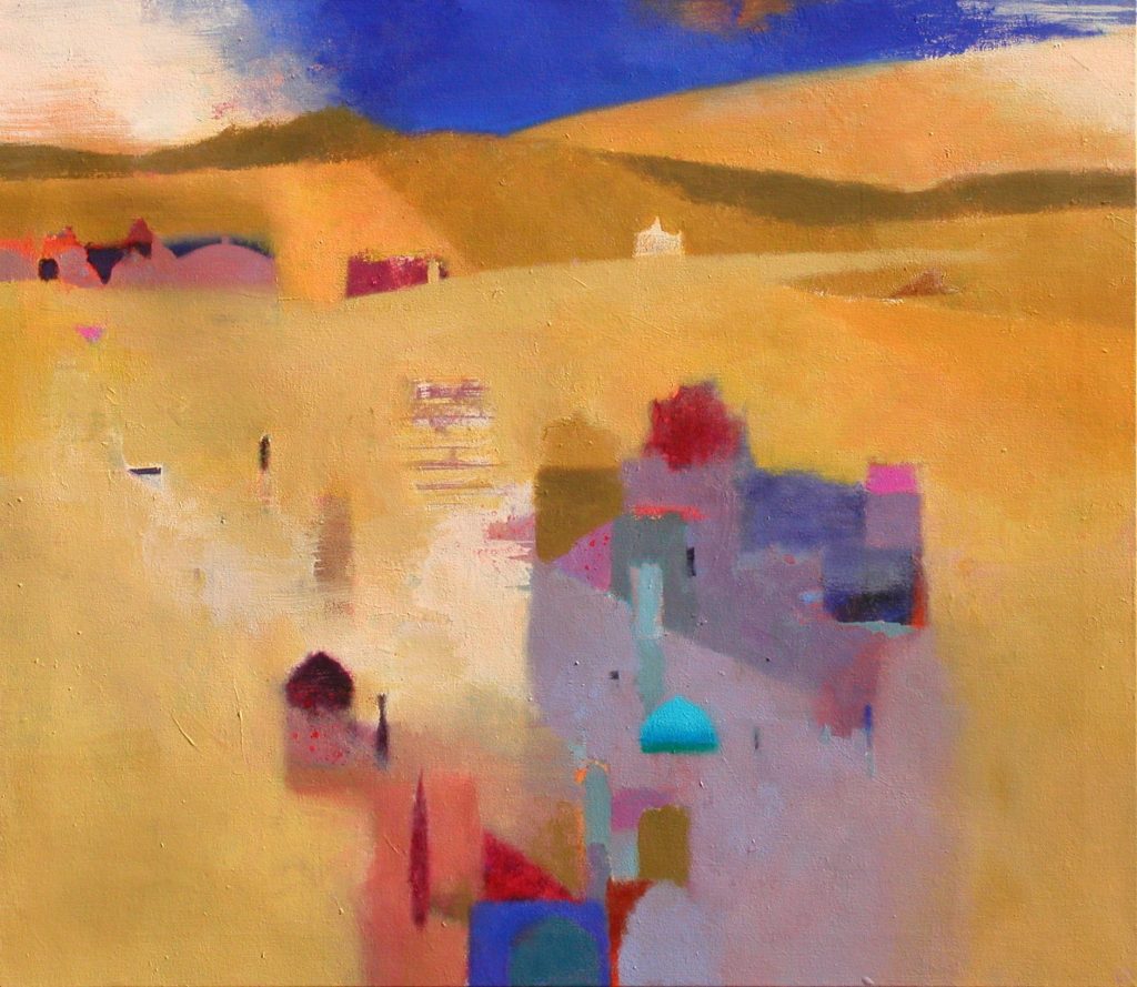 Gerry Dudgeon, Draa Valley Yellow £2,120 Medium: Acrylic on Canvas Size: 66 x 76cm Nadia Waterfield Fine Art. Oil turned Acrylic Painting working vibrant and bold colours. Gerry draws inspiration from the paintings of Barbara Rae, Joan Eardley, Ivon Hitchens and Peter Lanyon. Abstract Land and cityscapes.