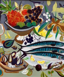Marissa Weatherhead, Fish Trio al Fresco £2,800 Medium: Acrylic on Canvas Size: 60 x 80 cm Painter of Still Life. Familiar objects exploring space, colour and composition. Flat Imagery involving mark-making. Working in acrylic.