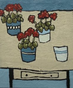 movement and texture with a muted colour palette. Still Life drawer of Crooked Pots and Flowers and Everyday Objects. Working in Oil. Jane Hooper, Three Geraniums, £550, Medium: Acrylic on Paper, Size: 25 x 20cm Framed: 29cm x 24cm