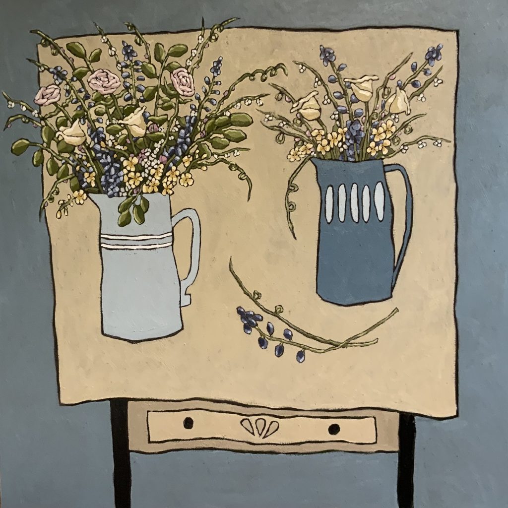 movement and texture with a muted colour palette. Still Life drawer of Crooked Pots and Flowers and Everyday Objects. Working in Oil. Jane Hooper, Wild Bunch, £2,450, Medium: Acrylic on Paper,Size: 100 x 100 cms