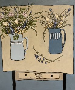 movement and texture with a muted colour palette. Still Life drawer of Crooked Pots and Flowers and Everyday Objects. Working in Oil. Jane Hooper, Wild Bunch, £2,450, Medium: Acrylic on Paper,Size: 100 x 100 cms