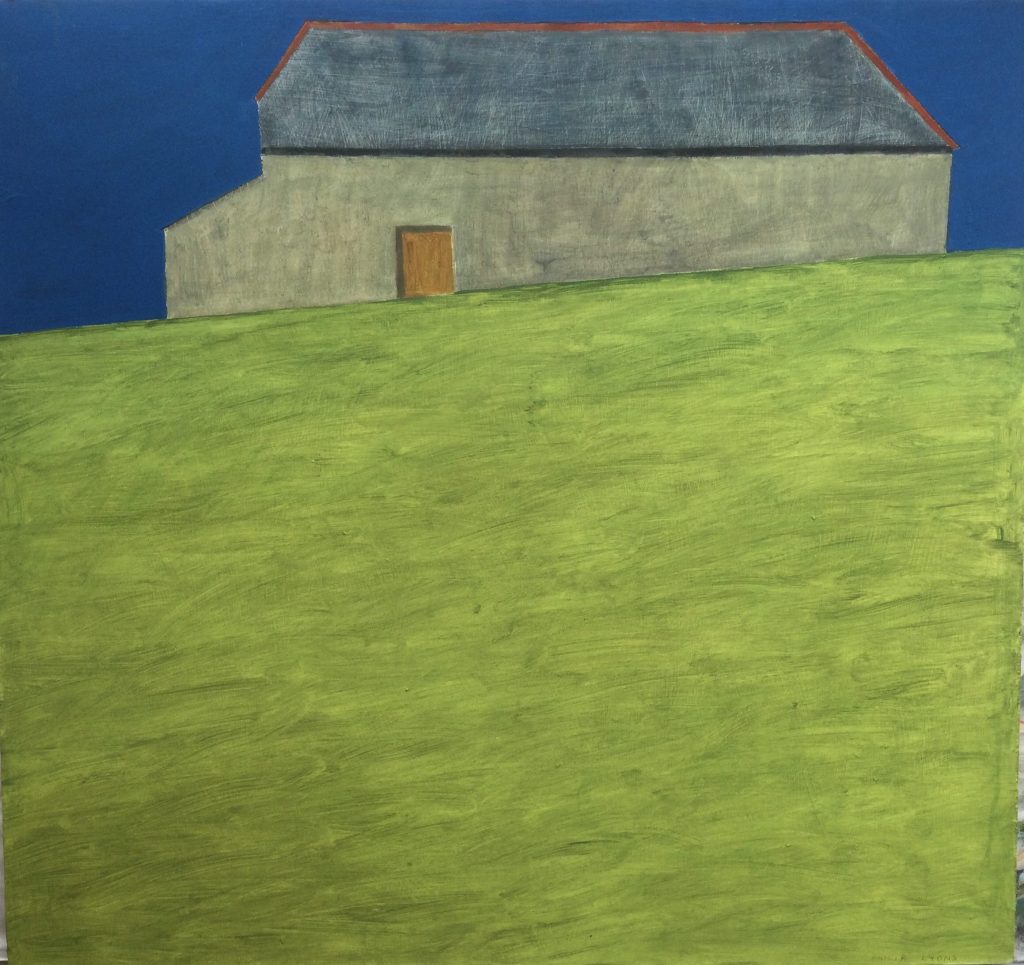 Philip Lyons, The Large Barn £1,300 Medium: Acrylic on Board Size: 62 x 65cm Painter of Still life Bowls. Grid structured artwork creating framework for compositions. The surface of the paintings suggest weathering or wear and tear. Acrylic on board.