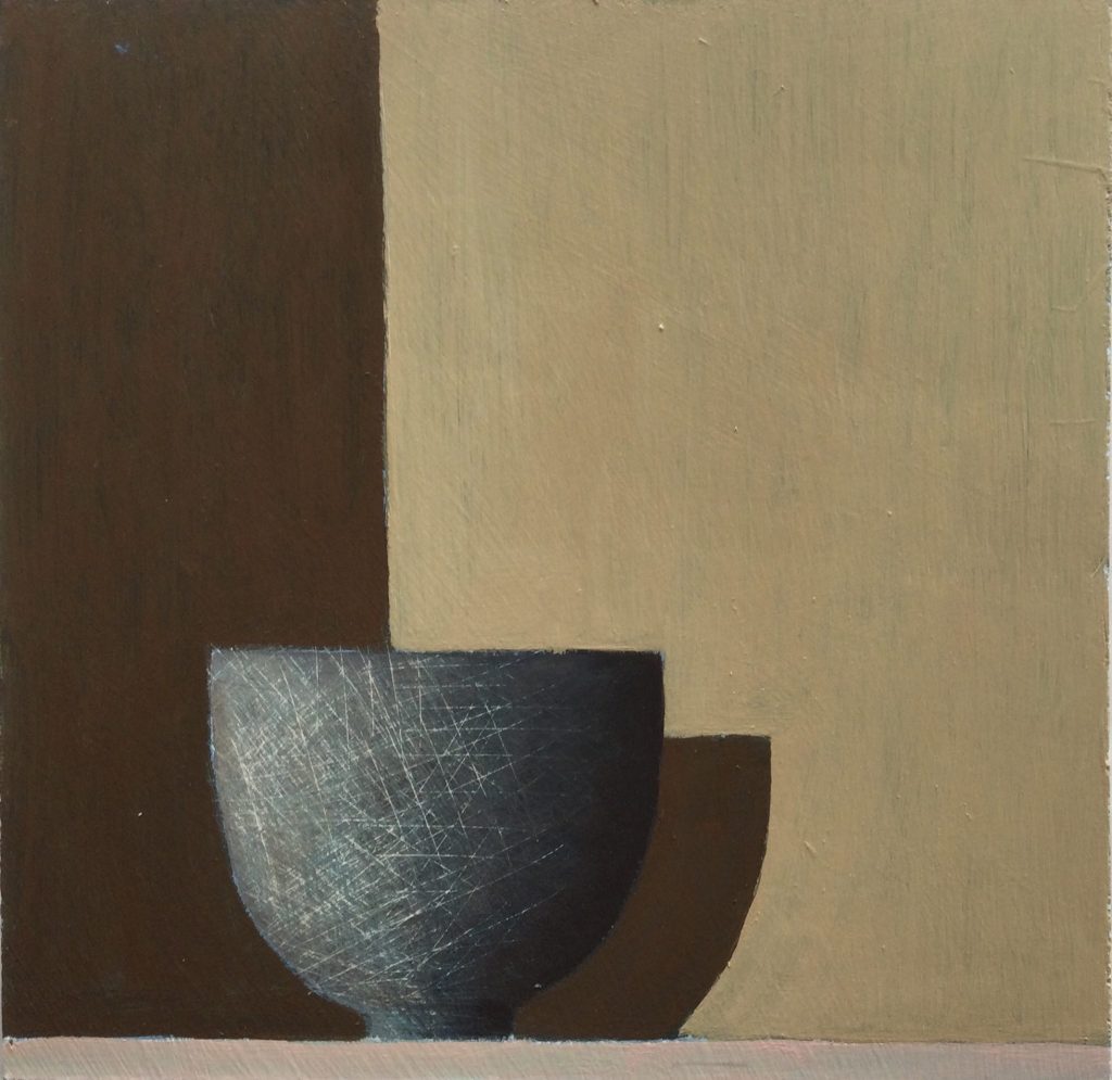 Philip Lyons, Grey Bowl & Shadows £480 Medium: Acrylic on Board Size: 20 x 20 cm Sold Painter of Still life Bowls. Grid structured artwork creating framework for compositions. The surface of the paintings suggest weathering or wear and tear. Acrylic on board.