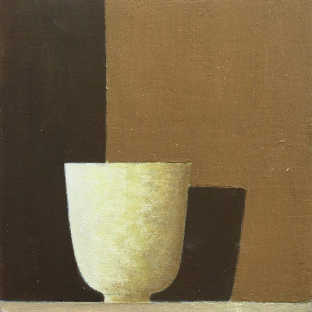 Philip Lyons, Ivory Bowl on Gold £480 Medium: Acrylic on Board Size: 20 x 20 cm Painter of Still life Bowls. Grid structured artwork creating framework for compositions. The surface of the paintings suggest weathering or wear and tear. Acrylic on board.