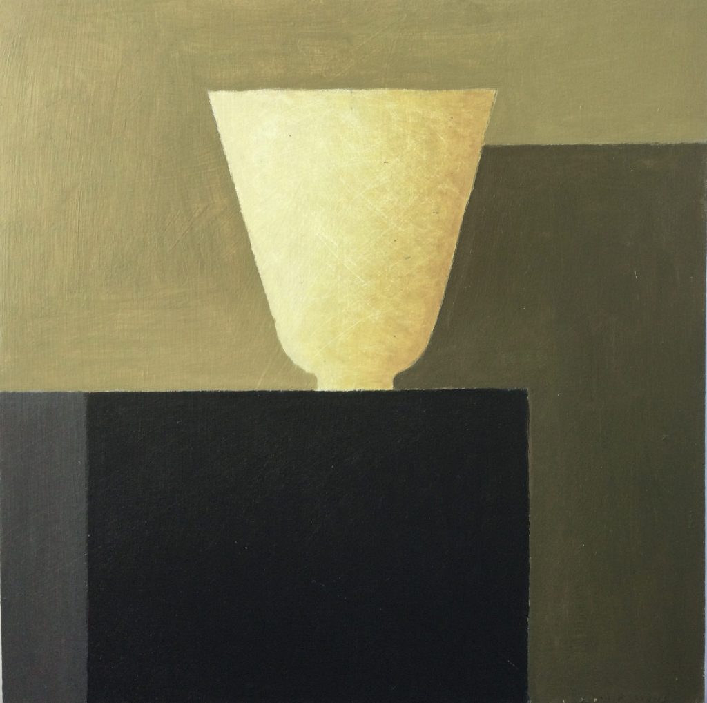 Philip Lyons, Gold Vase, Morning Light £750 Medium: Acrylic on Board Size: 40 x 40 cm Painter of Still life Bowls. Grid structured artwork creating framework for compositions. The surface of the paintings suggest weathering or wear and tear. Acrylic on board.