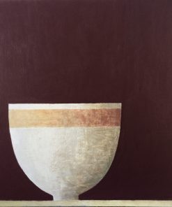 Philip Lyons, White Bowl with Stripe £850 Medium: Acrylic on Board Size: 50 x 50cm Painter of Still life Bowls. Grid structured artwork creating framework for compositions. The surface of the paintings suggest weathering or wear and tear. Acrylic on board.