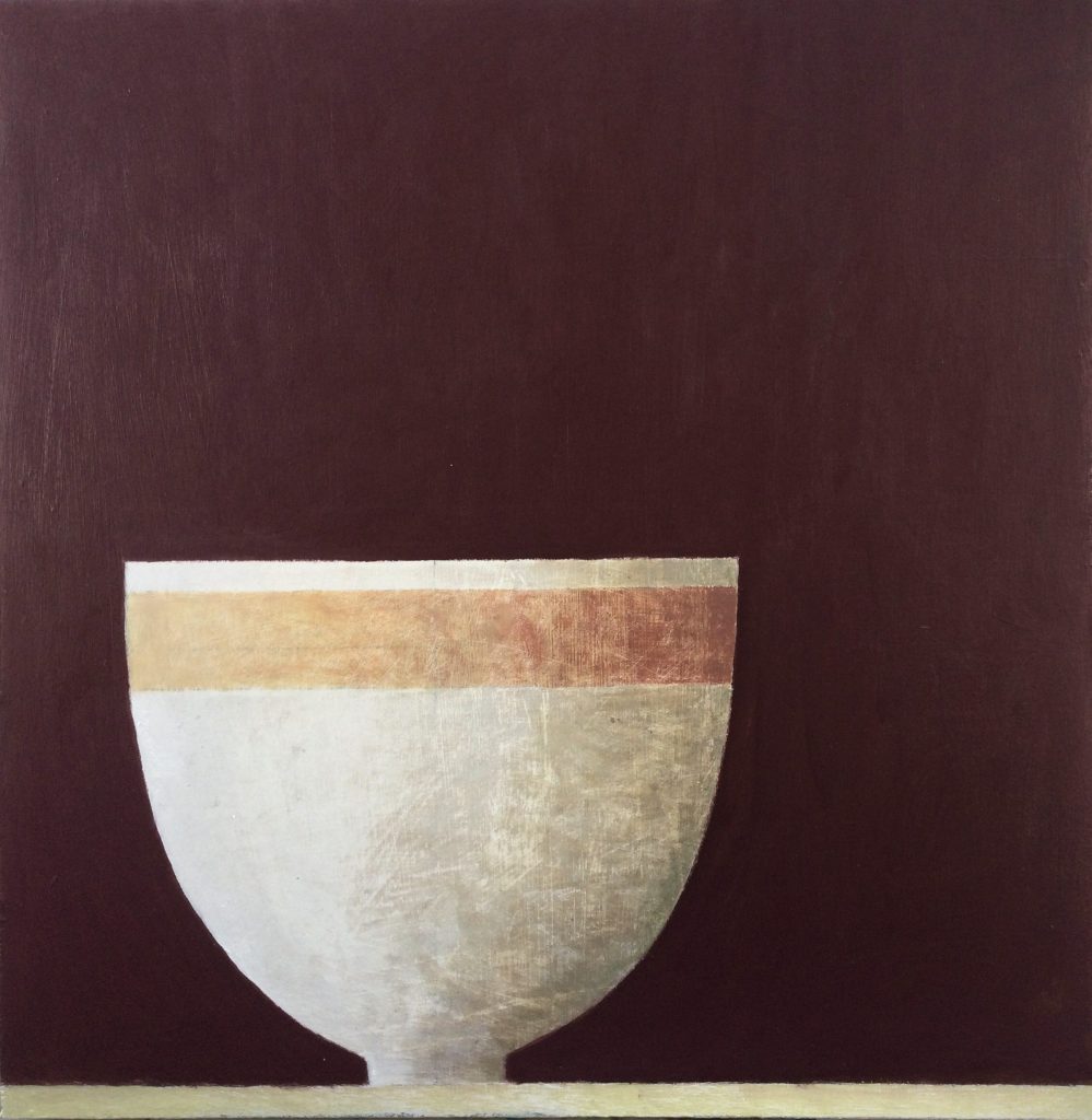 Philip Lyons, White Bowl with Stripe £850 Medium: Acrylic on Board Size: 50 x 50cm Painter of Still life Bowls. Grid structured artwork creating framework for compositions. The surface of the paintings suggest weathering or wear and tear. Acrylic on board.