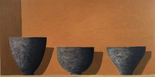 Philip Lyons, Three Black Bowls £1,400 Medium: Acrylic on Board Size: 40 x 80cm Sold Painter of Still life Bowls. Grid structured artwork creating framework for compositions. The surface of the paintings suggest weathering or wear and tear. Acrylic on board.