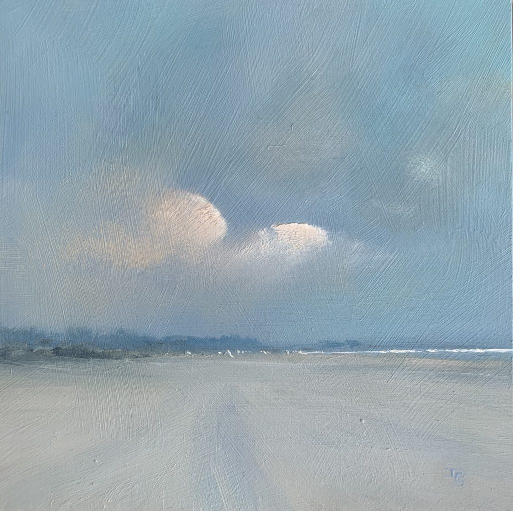 David Smith, Across the Sand £495 Medium: Oil on Board Size: 33 x 33 cms Oil Landscape Painting, painting the atmosphere of the English Countryside. Working in oil. He exhibits as the royal societies of artists in the UK.