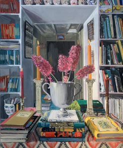 Louise Millin Inchley, Interior of Hyacinth & Books £1,200 Size: 50 x 60 cm Still Life and Contemporary Artist who works in oil. she is inspired by scenes of travelling, cities and the French Rivera. Depicting Street Scenes and Interior through painting. Nadia Waterfield Fine Art.