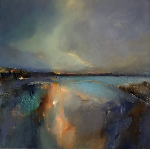 Suchi Chidambaram, Silver Linings £1,450 Medium: Oil on Canvas Size: 60 x 60 cm Nadia Waterfield Fine Art. Painter from Southern India. Palette Knife Marks using Oil Paint. Variations between figuration and abstraction. Narrating Place and People. Landscape Artist.